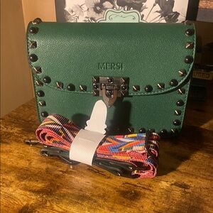 Green Crossbody Bag with Stud Accents